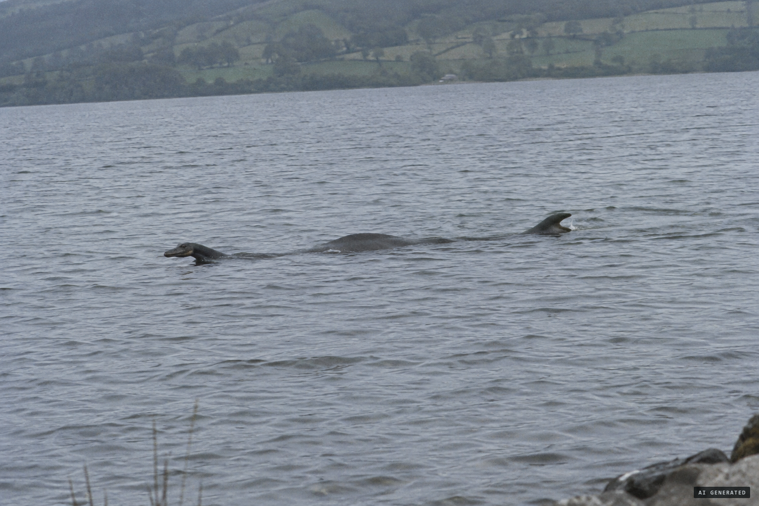 At least 8ft long, front and rear ends just above the water, coming towards the shore
