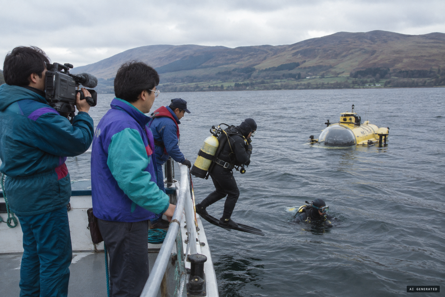 A Japanese TV crew searches the lake with divers and a small submarine