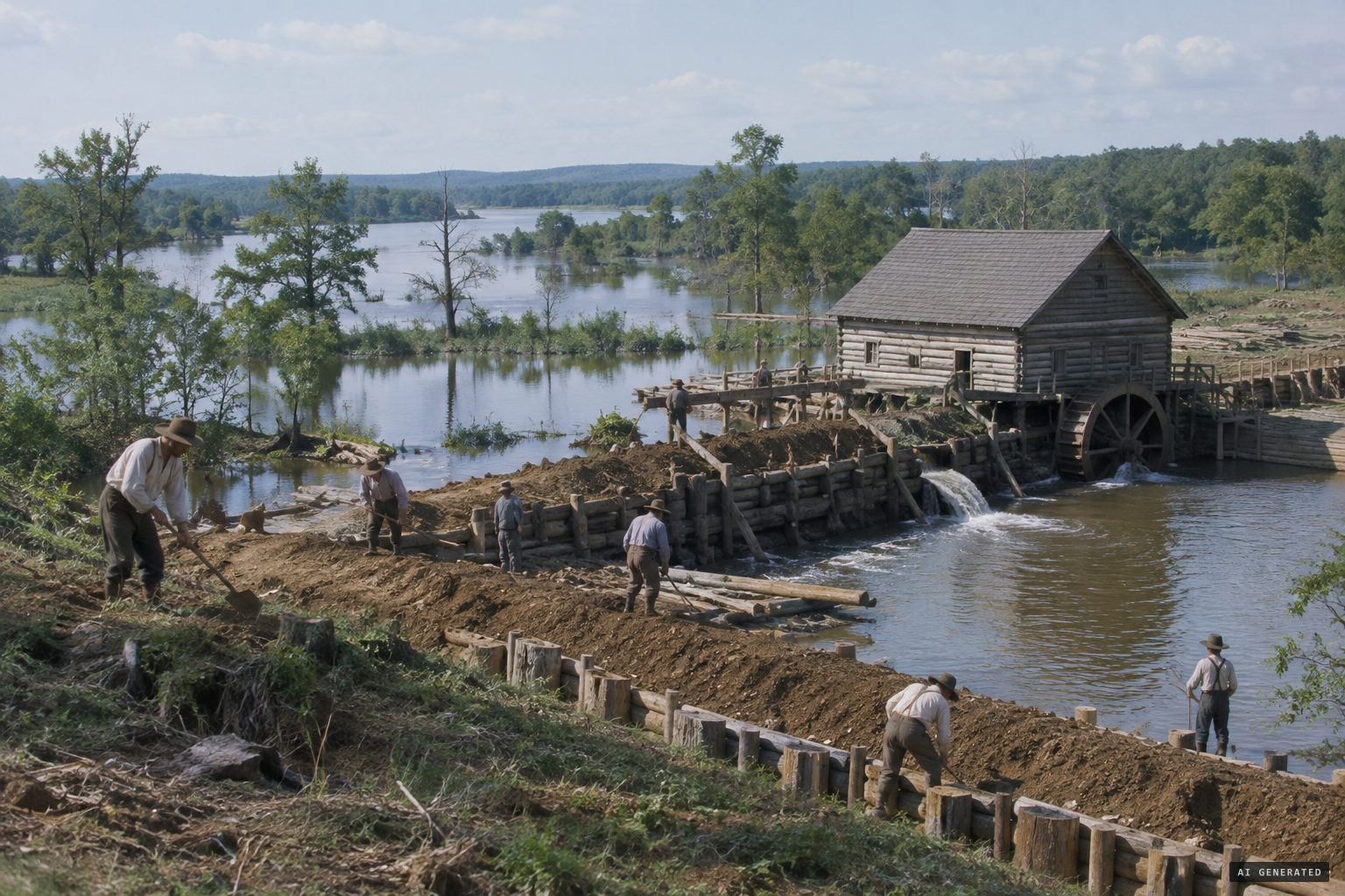 The dam and grist mill that flooded several lakes into one