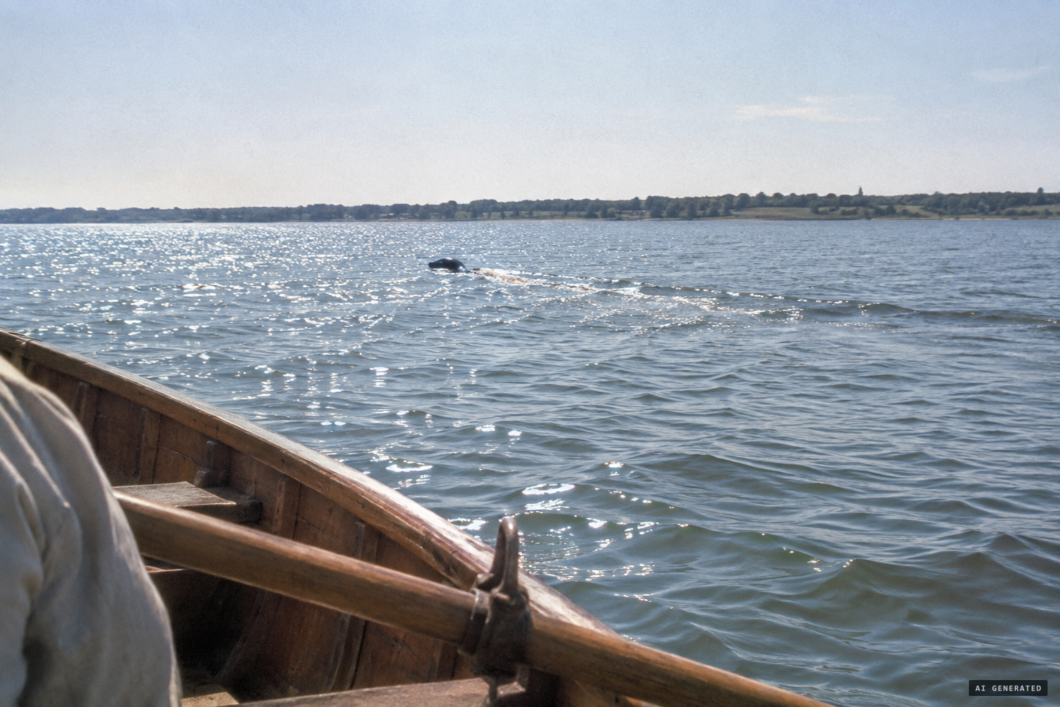 A black object moving threateningly toward the boat from the middle of the lake