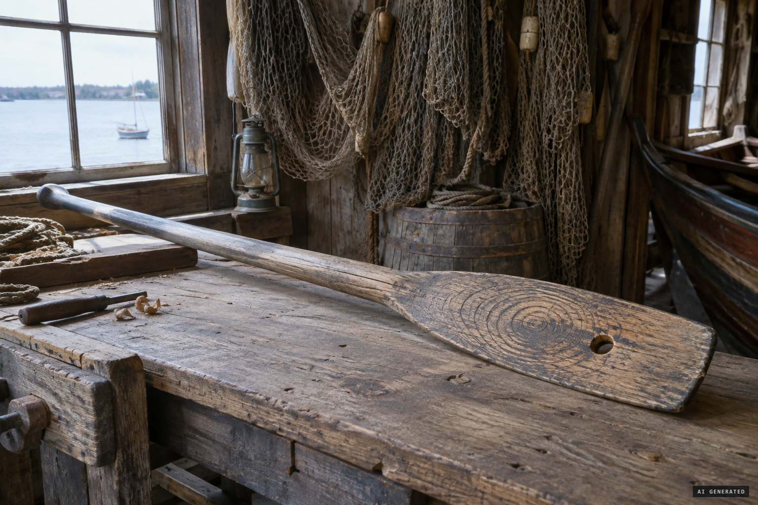 The oar, coil marks still visible in the hard wood