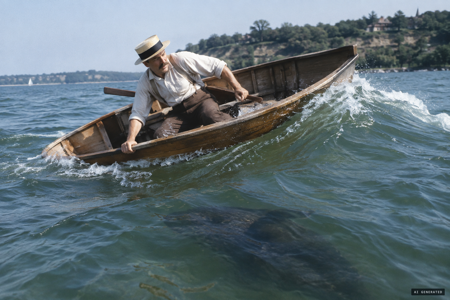 A sportsman nearly capsized off Picnic Point, 1889