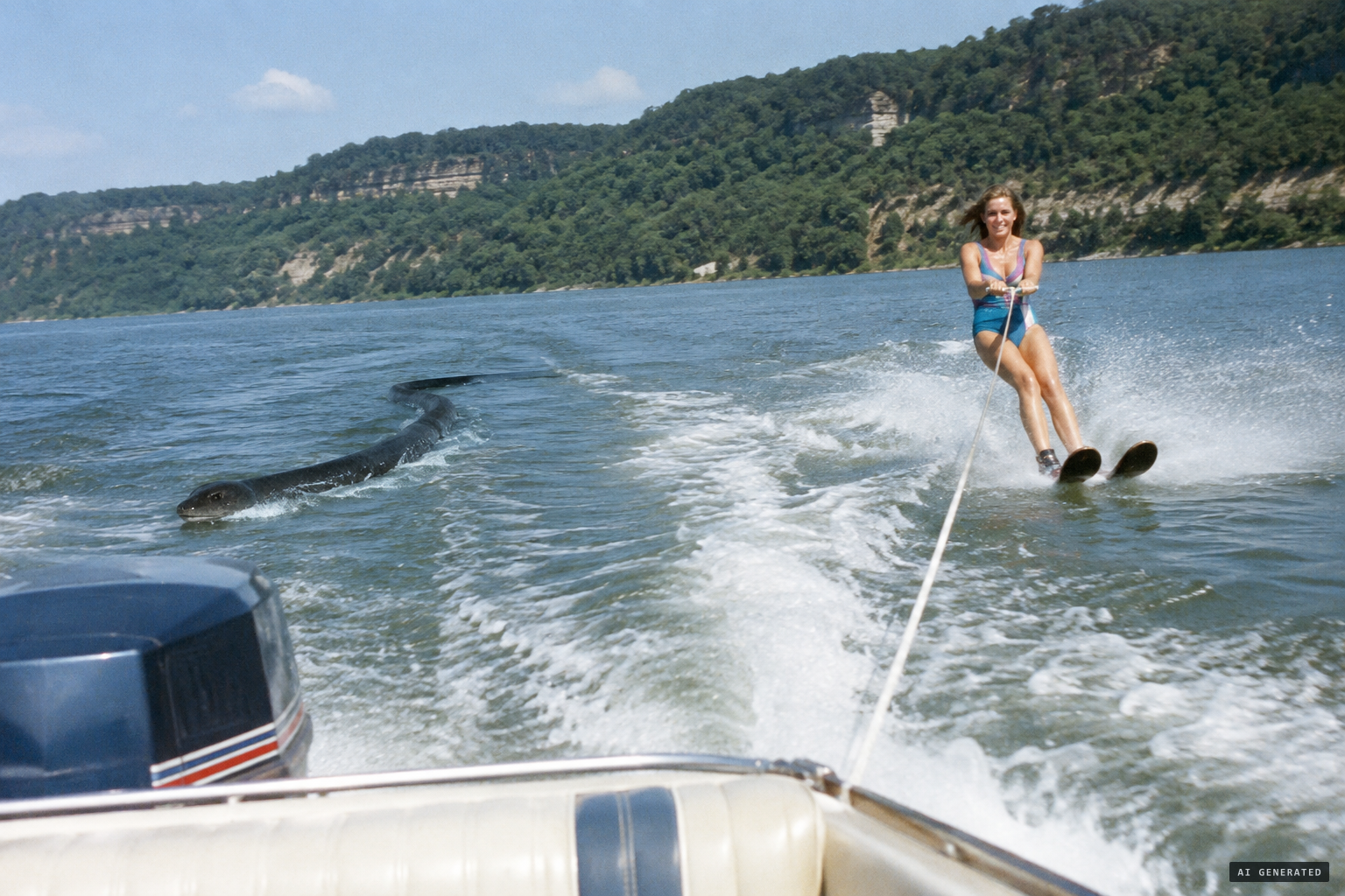 A water-skier sees something black, long and serpent-like, as long as the boat