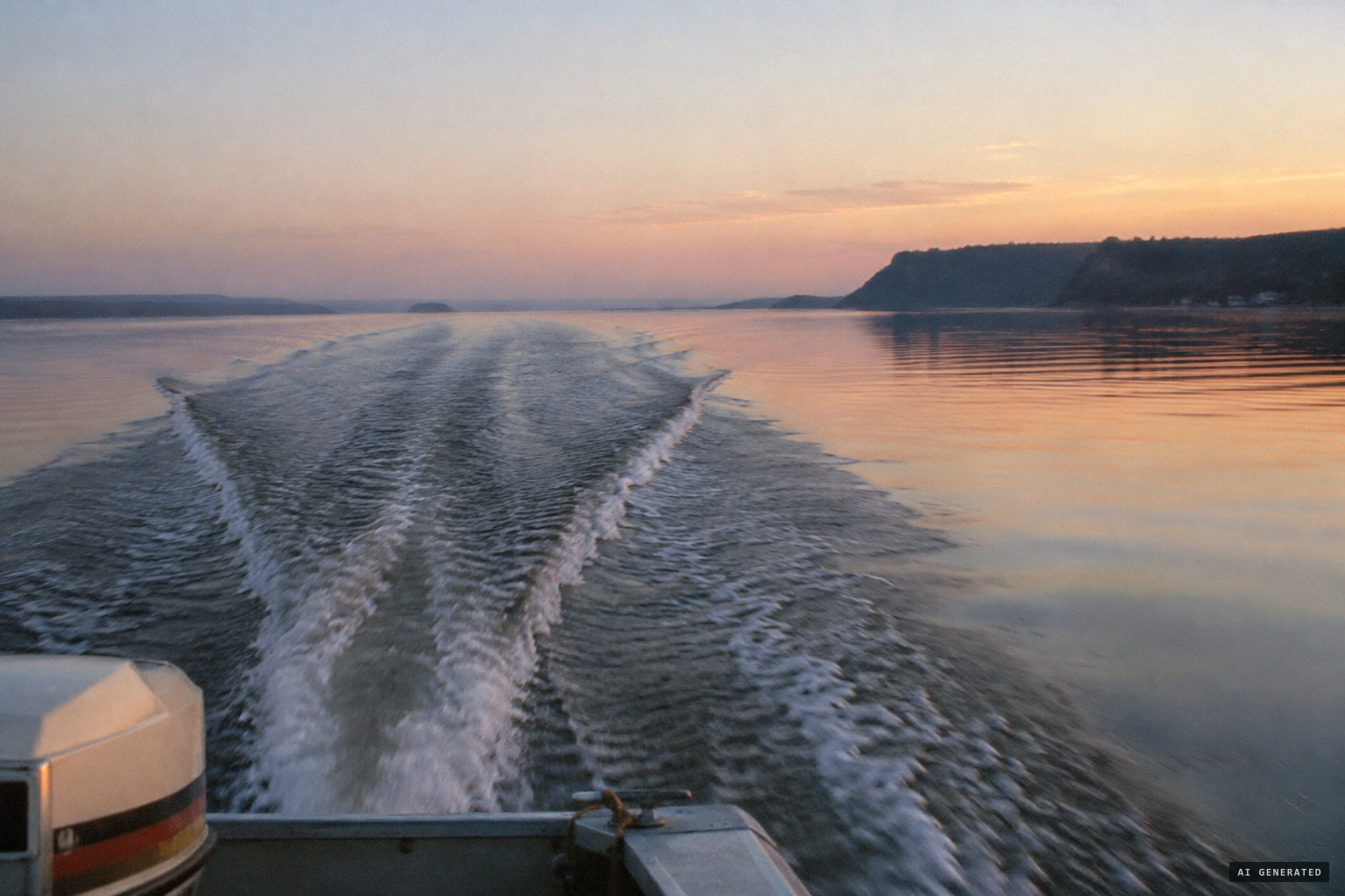 A wake two hundred feet long on a lake smooth as glass