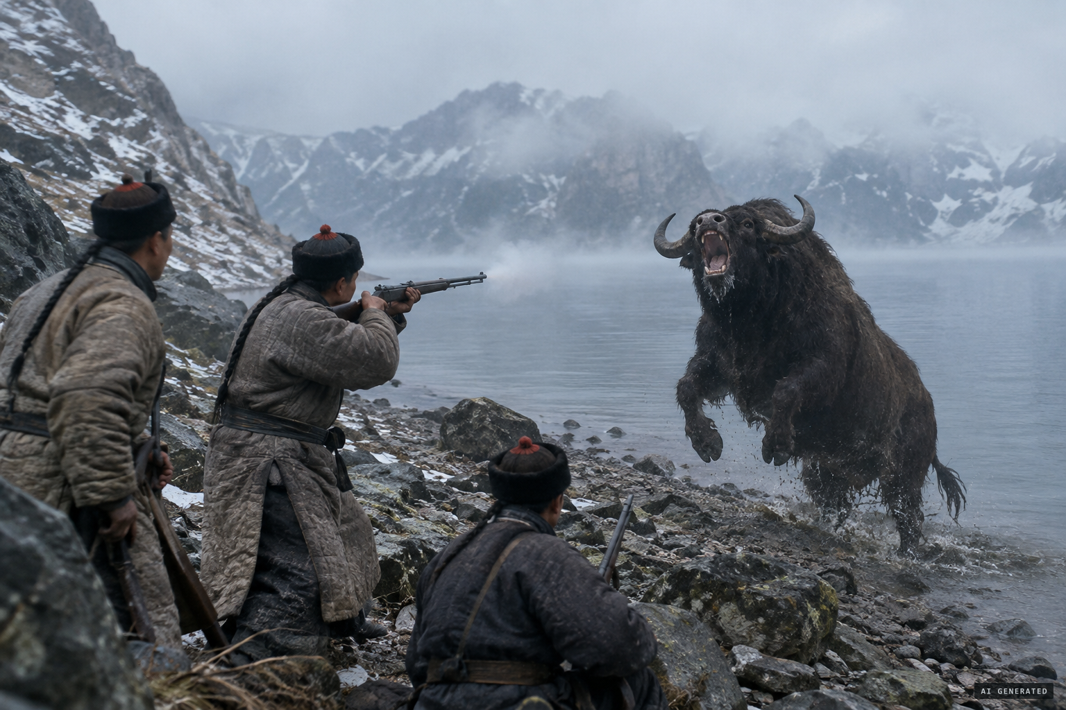 The 1903 tale: a roaring buffalo-like creature shot and retreating into the lake