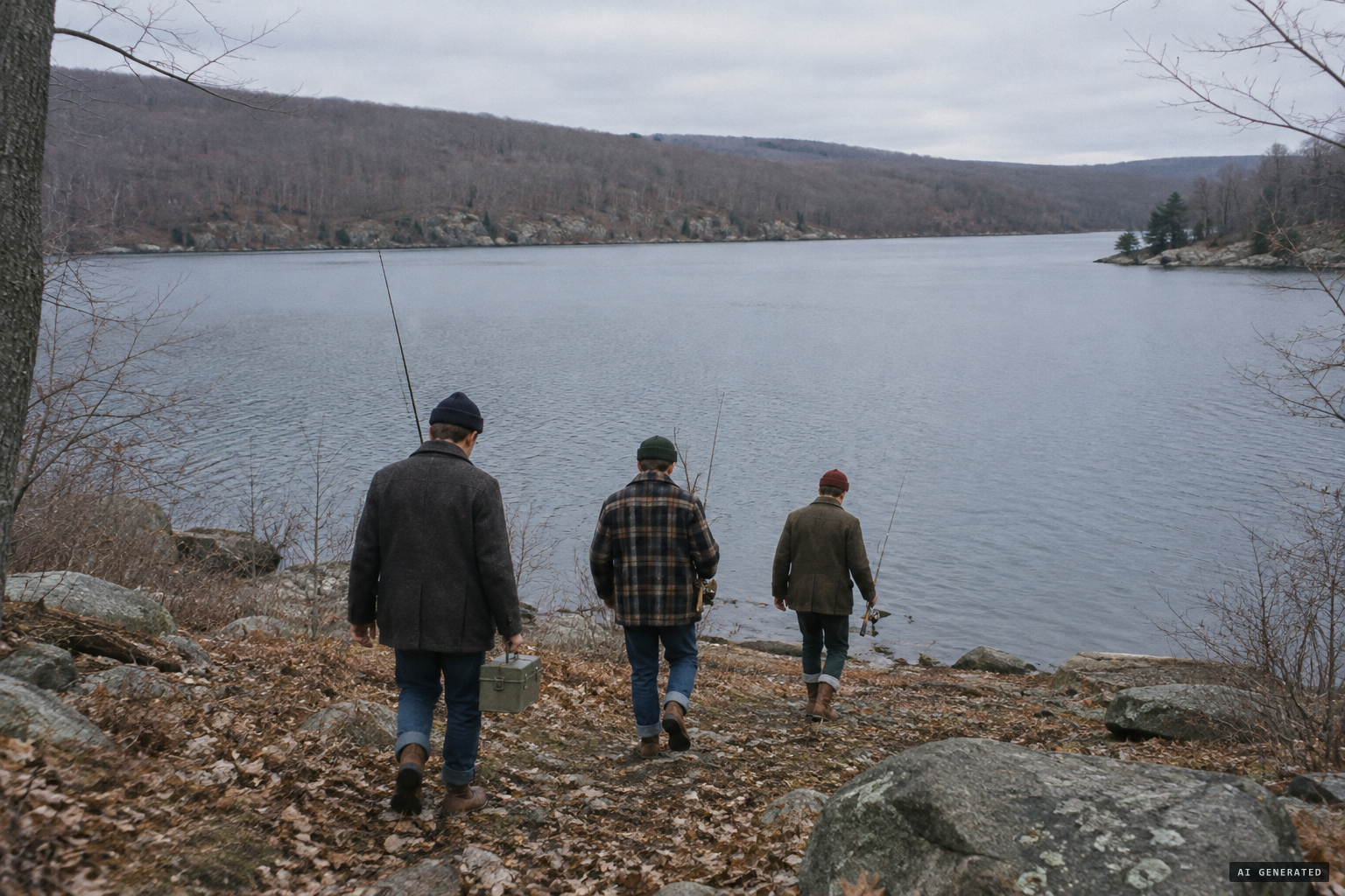 Three friends head to Lake Tiorati for winter fishing the week before Christmas, 1966