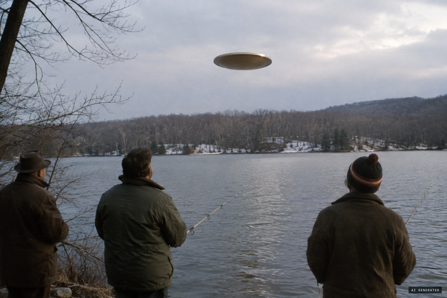 A silent bronze object, about six meters across, appears suddenly above the lake