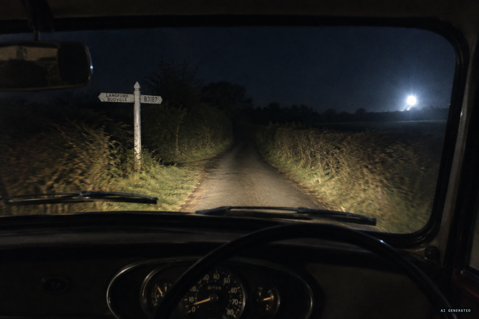 Just past the Langford Budville signpost, a very bright light hangs over the field.