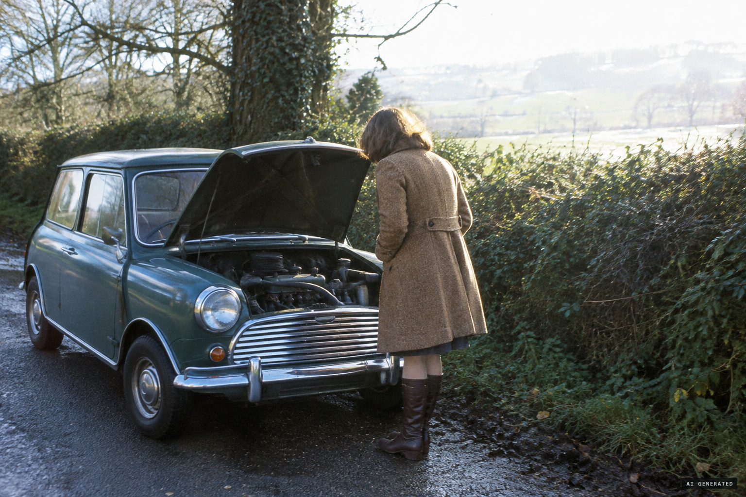 She lifts the bonnet as a loud generator-like hum fills the area.