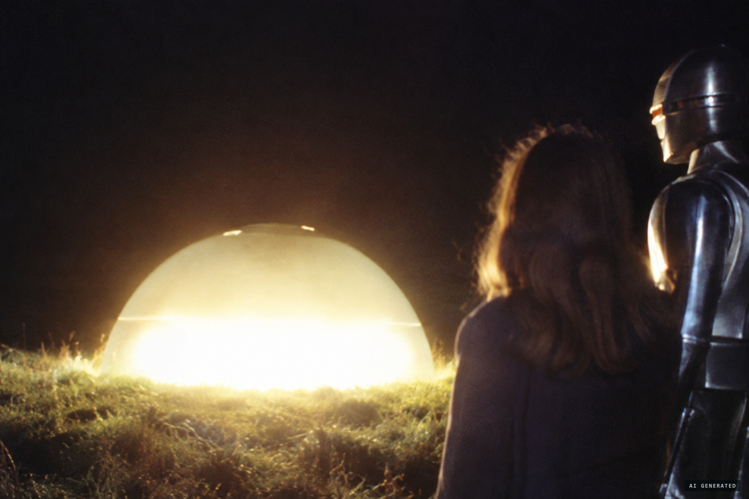 In the field, beside the robot, she faces a hemispherical object as bright as an arc lamp.