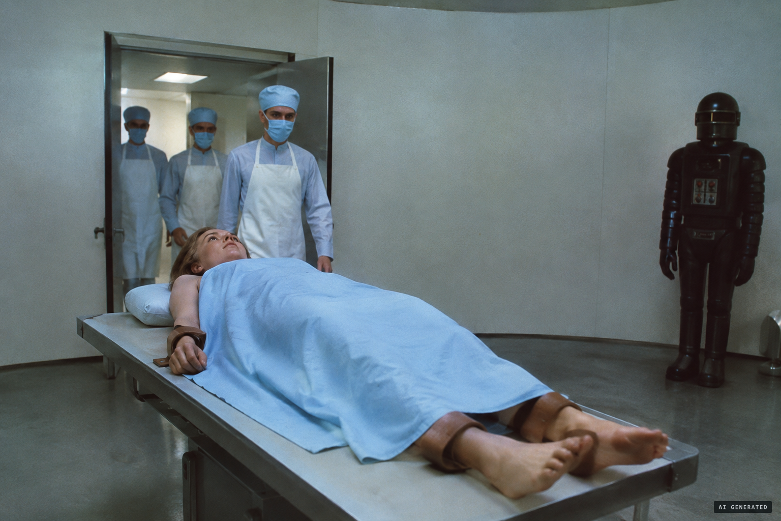 Three human-looking men dressed as surgeons enter the freezing circular room.