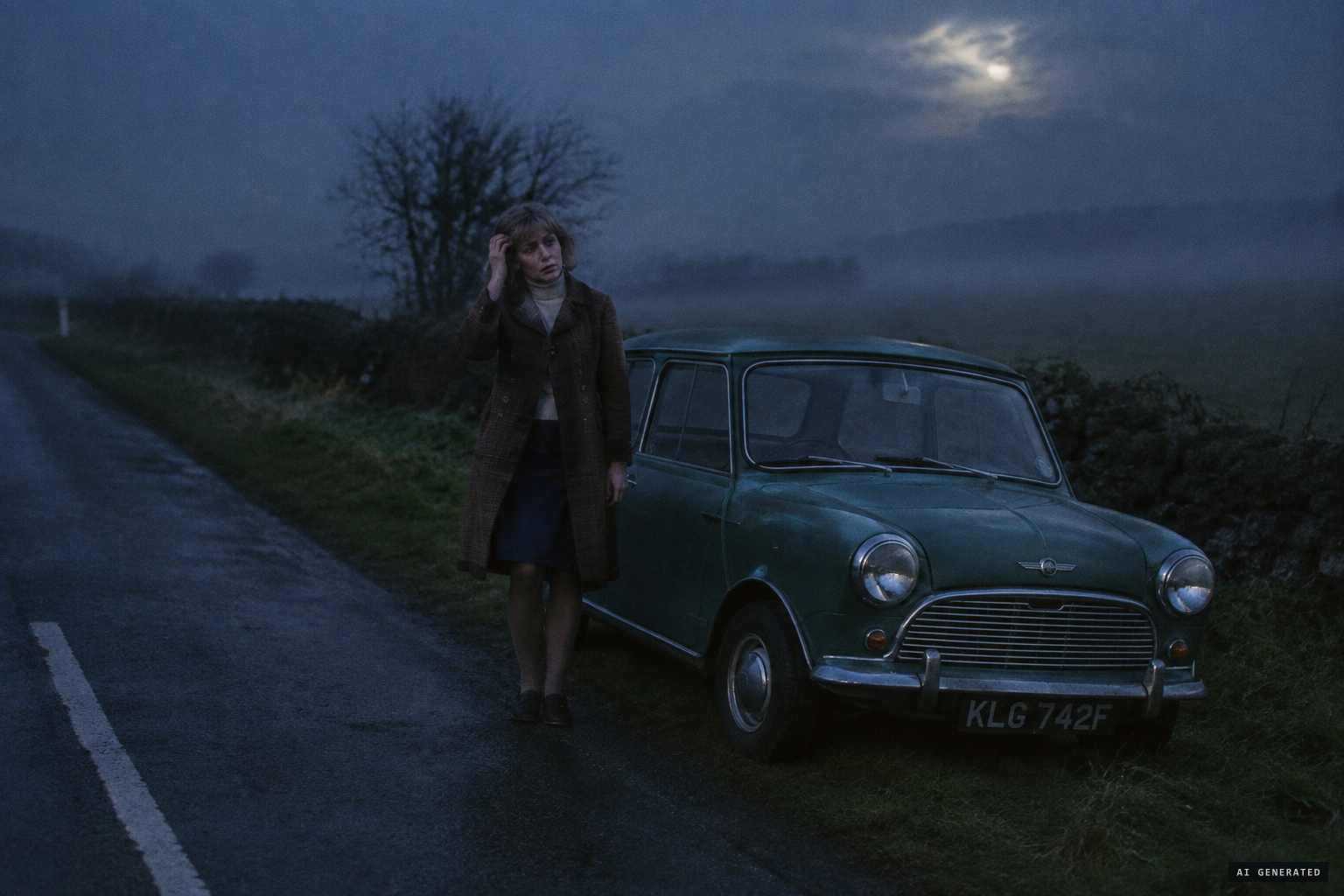 She comes to fully dressed beside her car.