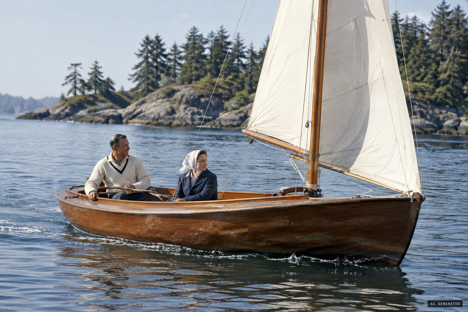 Major Langley and his wife sailing off Chatham Island