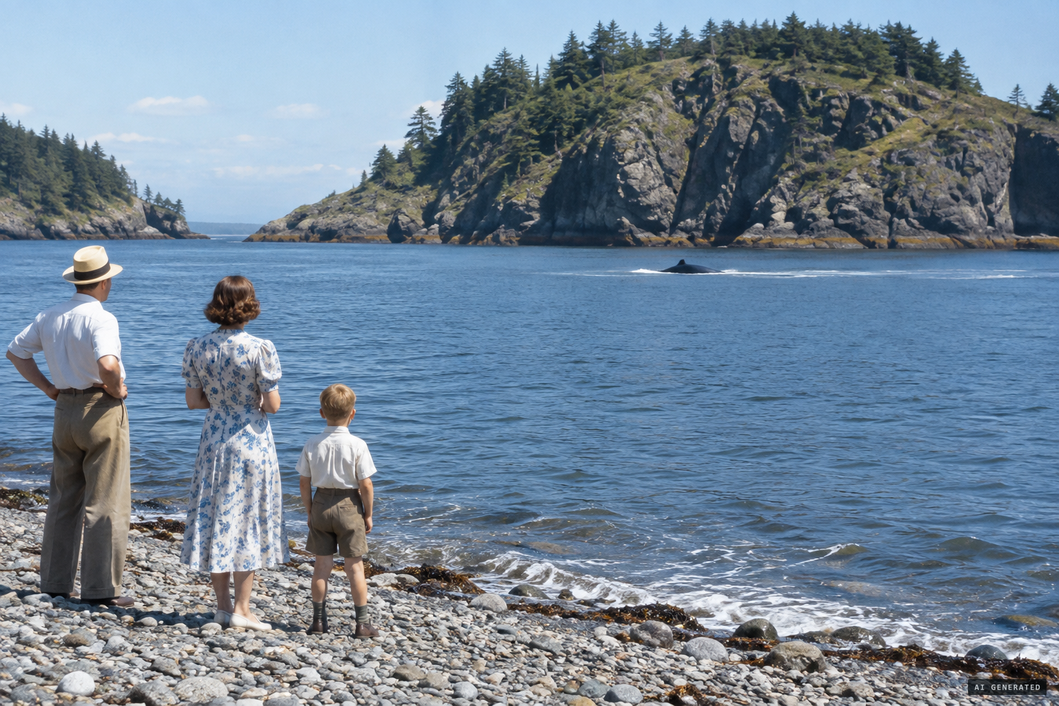 The Kemp family watches something swim toward the rocks