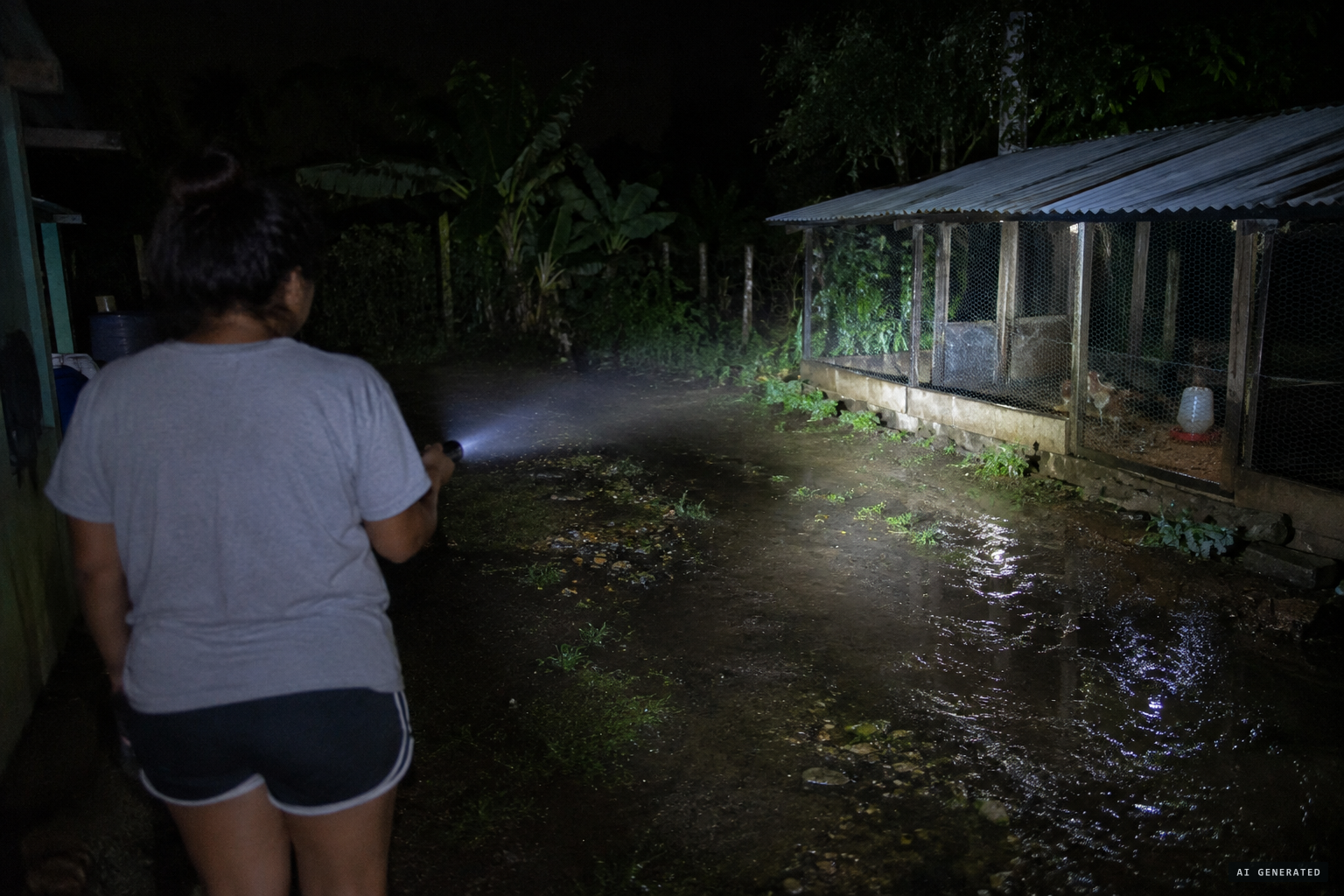 The family shines a flashlight on the coop and sees nothing