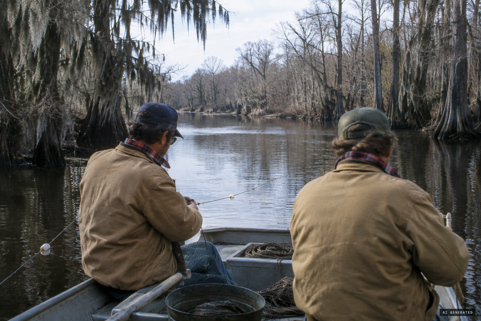 Larry Gwin and Steve Wilson eel fishing on Smith Lake
