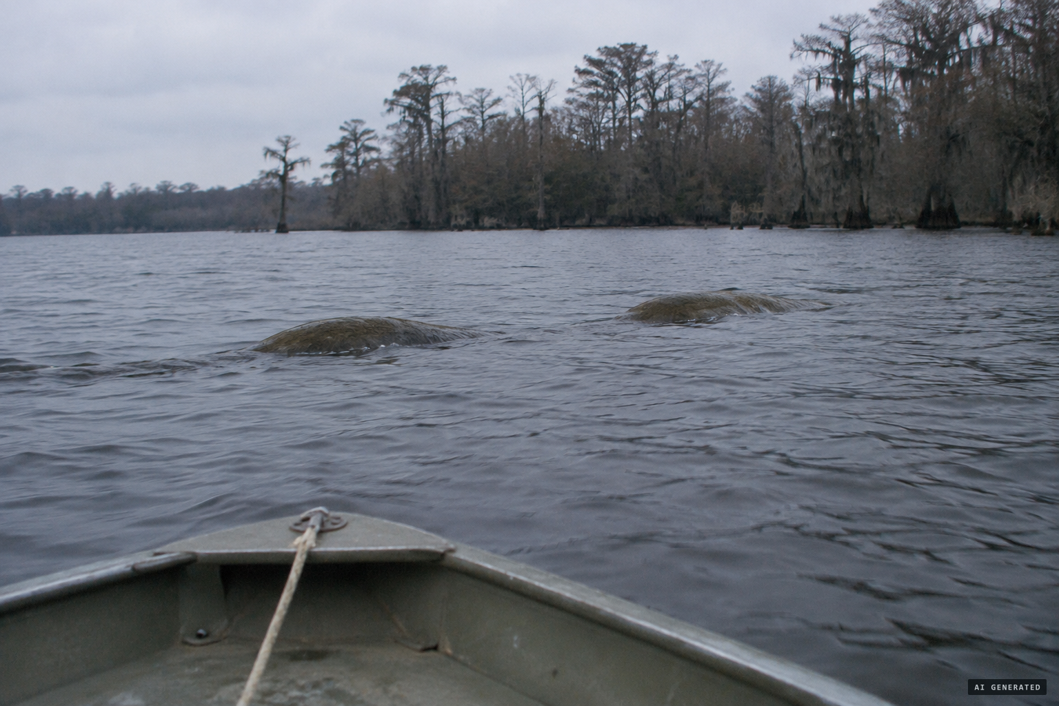 Two brownish-green humps rise out of the water about five feet apart