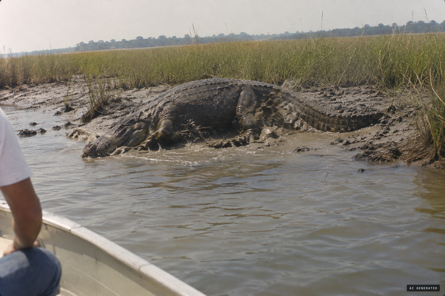 The dark, rough-skinned animal stranded on a mud bank near Cathead Creek