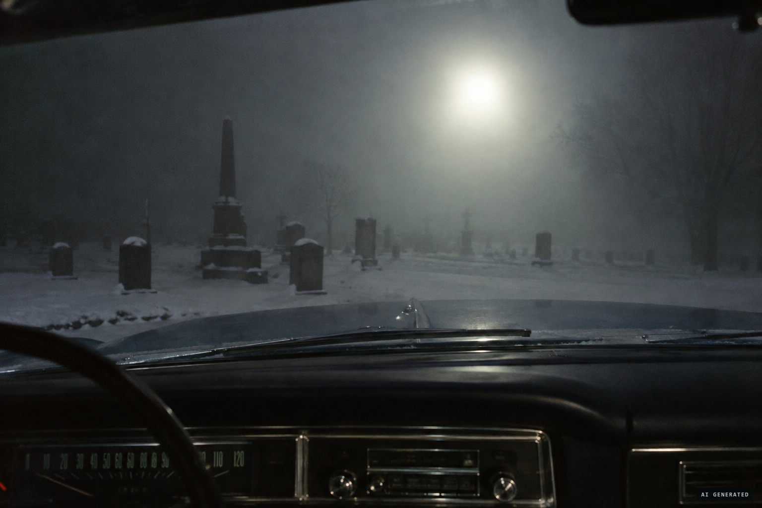 At 1:05 a.m., a large bright light in the fog above the cemetery