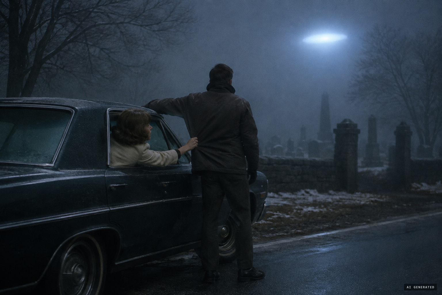 Joan pulls at William's jacket as he stands frozen beside the dead car