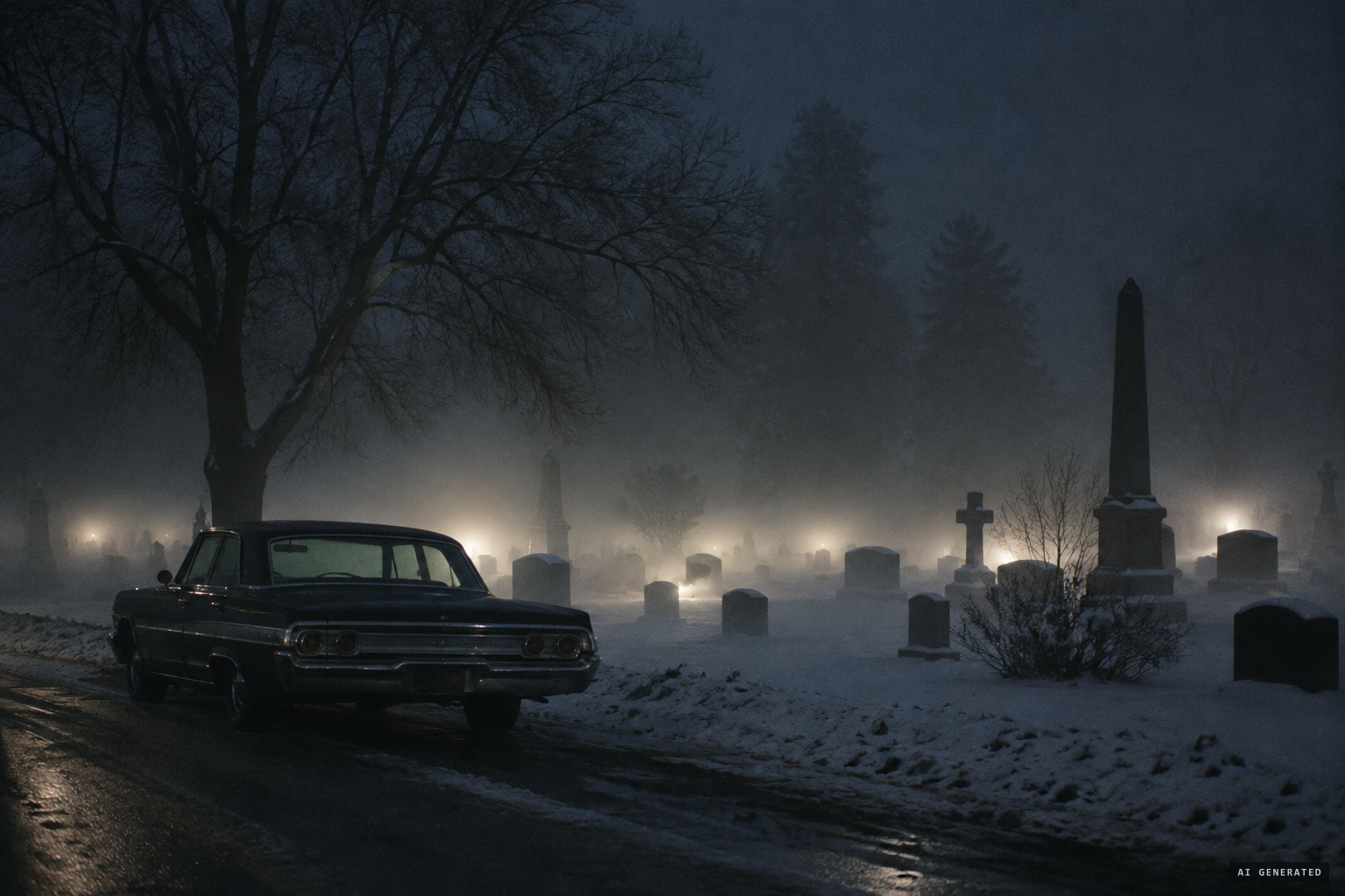 A sceptic's view: ground fog lit by some light, and a stalled car