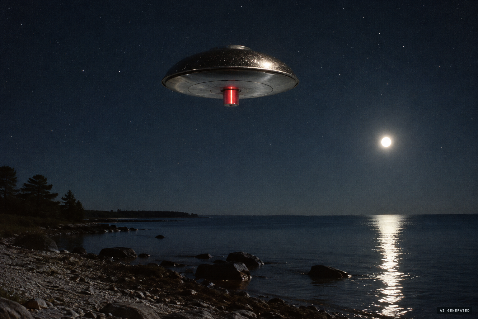 The disc-like object approaches over the shore, its top rotating and glittering