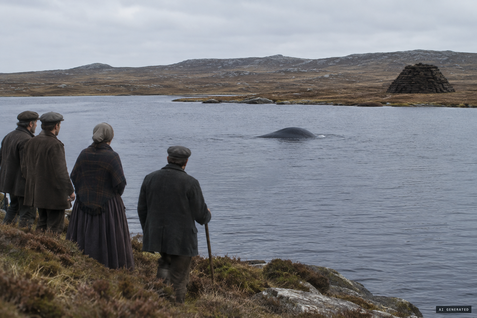 A shape in the water like a large peat stack