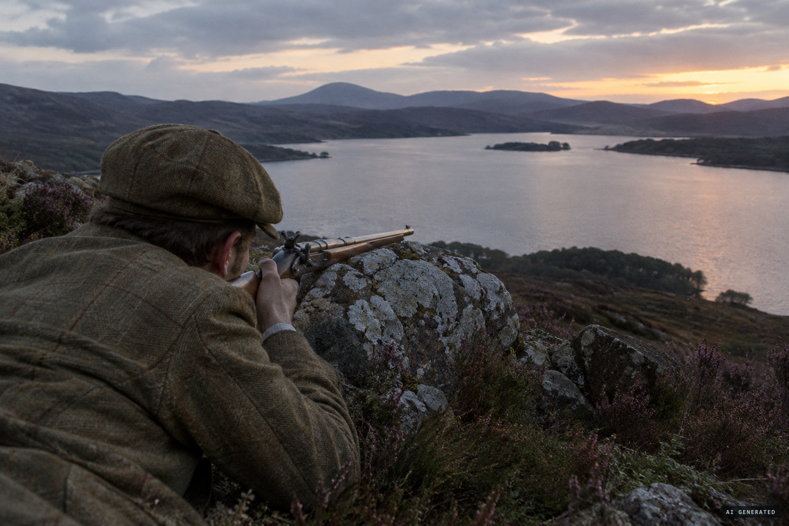 A sportsman with a rifle waits all day by the loch