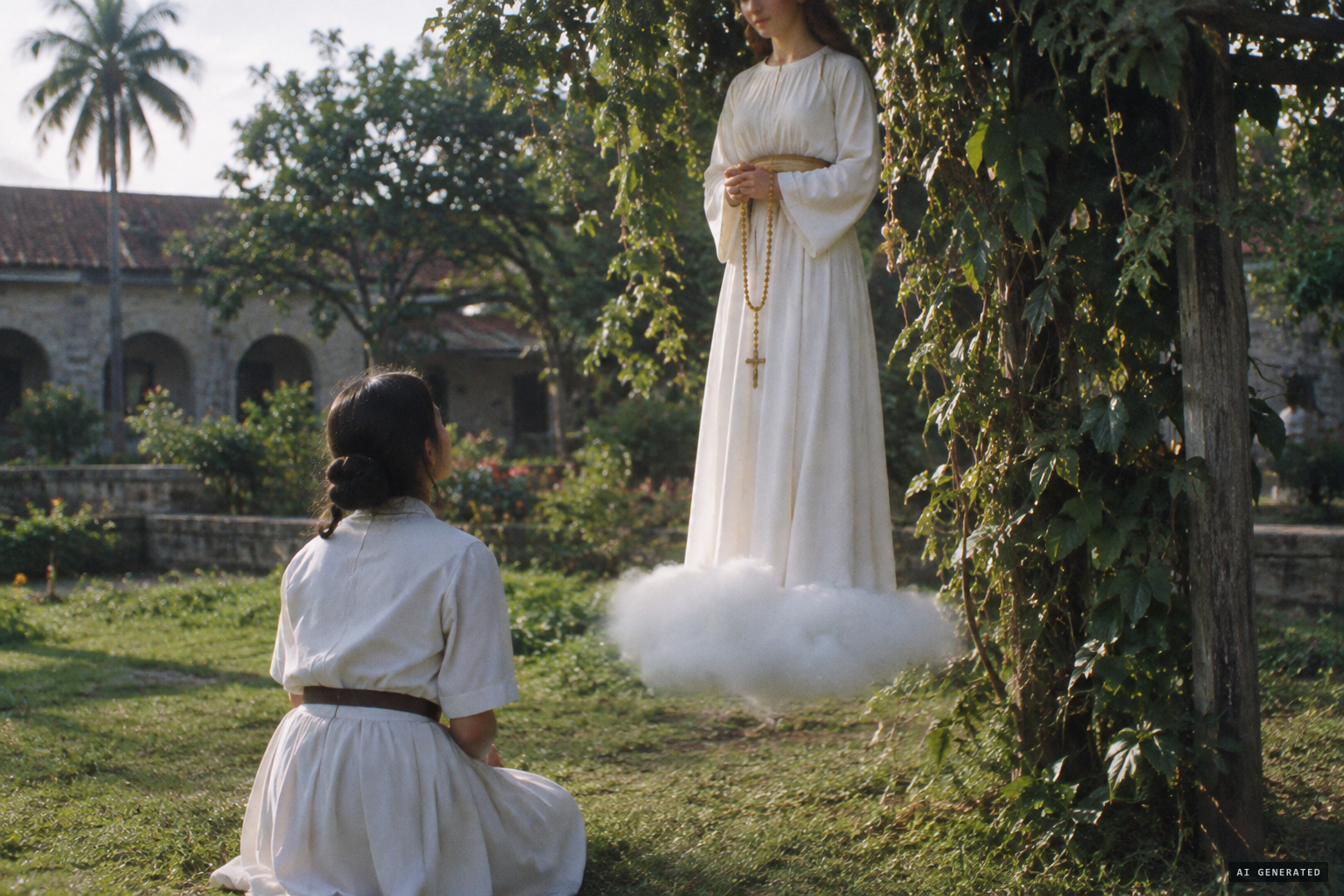 The Lady in white standing on clouds above the garden