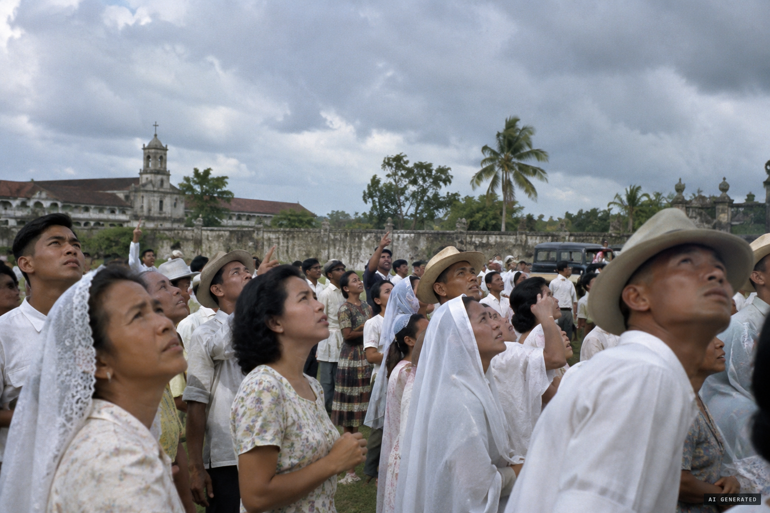 Crowds outside the walls watch the sky