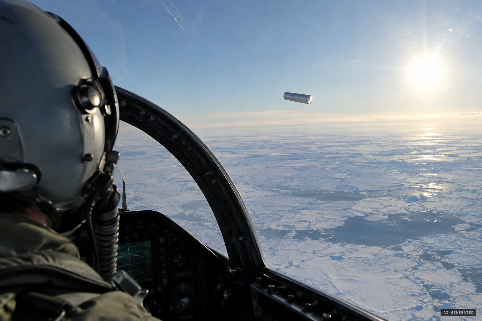 A silver cylinder "appearing to float" over the frozen Beaufort Sea