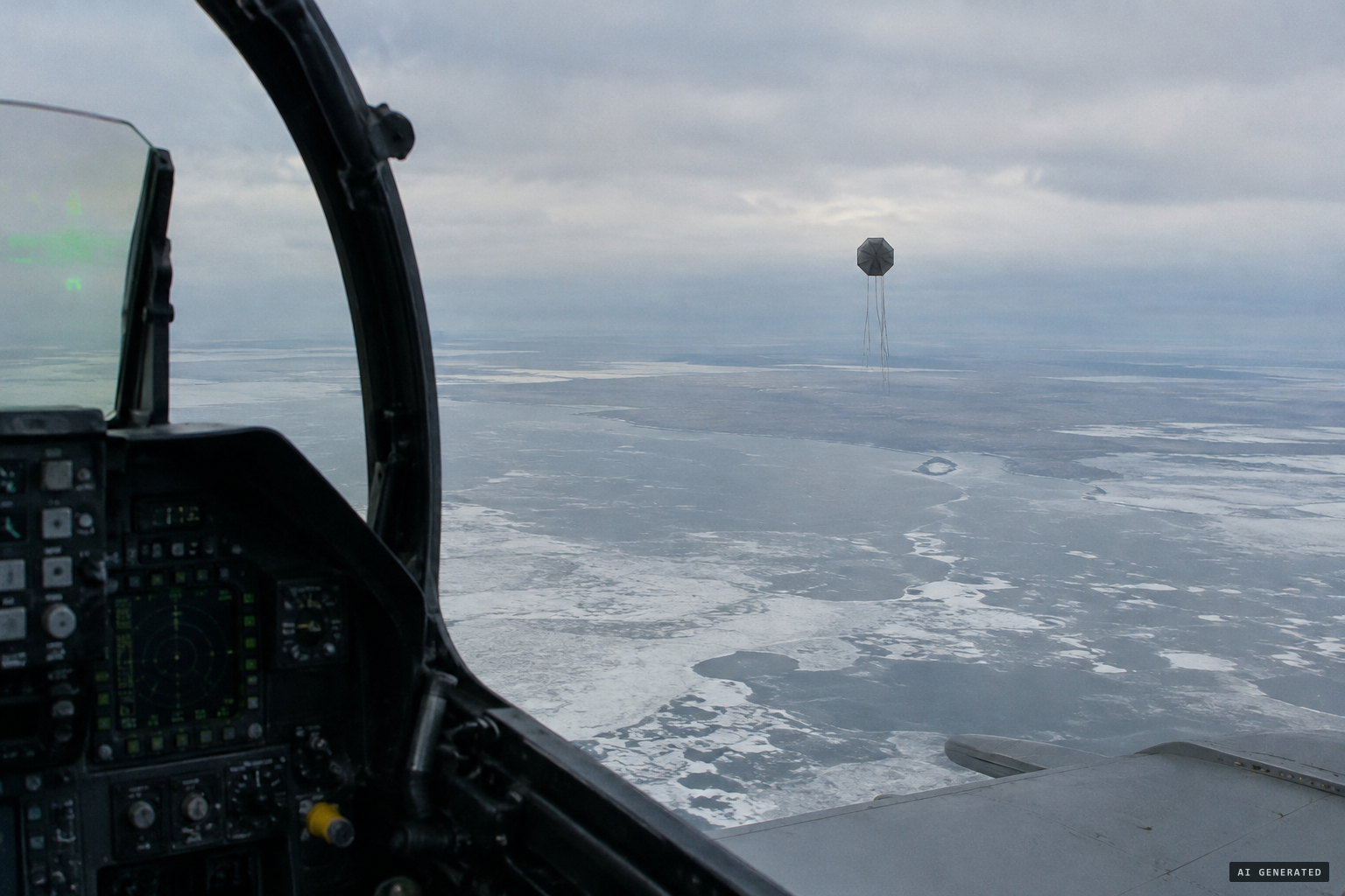 An octagonal object with strings hanging from it, seen from an F-16
