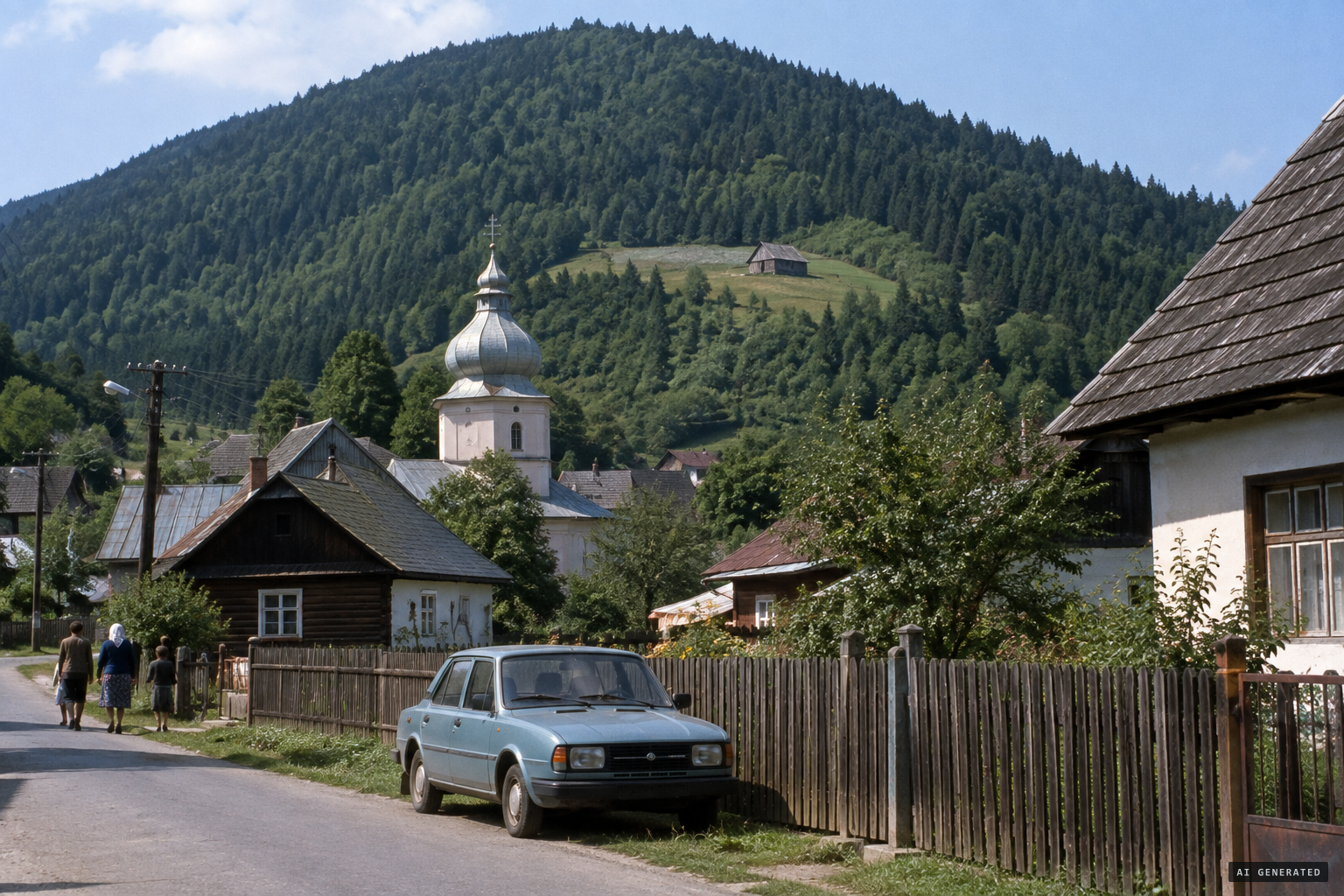 Litmanová village beneath Mount Zvir and its wooden hay hut, the majdan