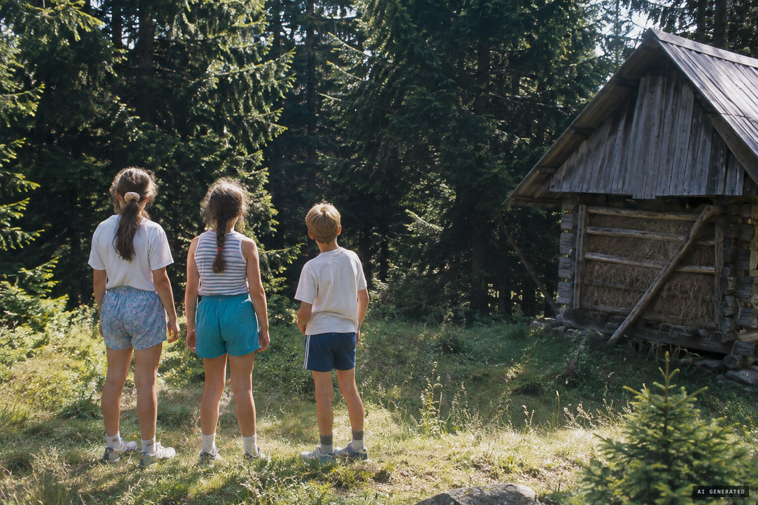 The three children hear something walking among the trees