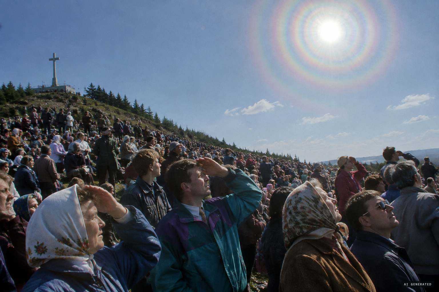 Pilgrims watch a sun that seems to rotate and shine in rainbow circles