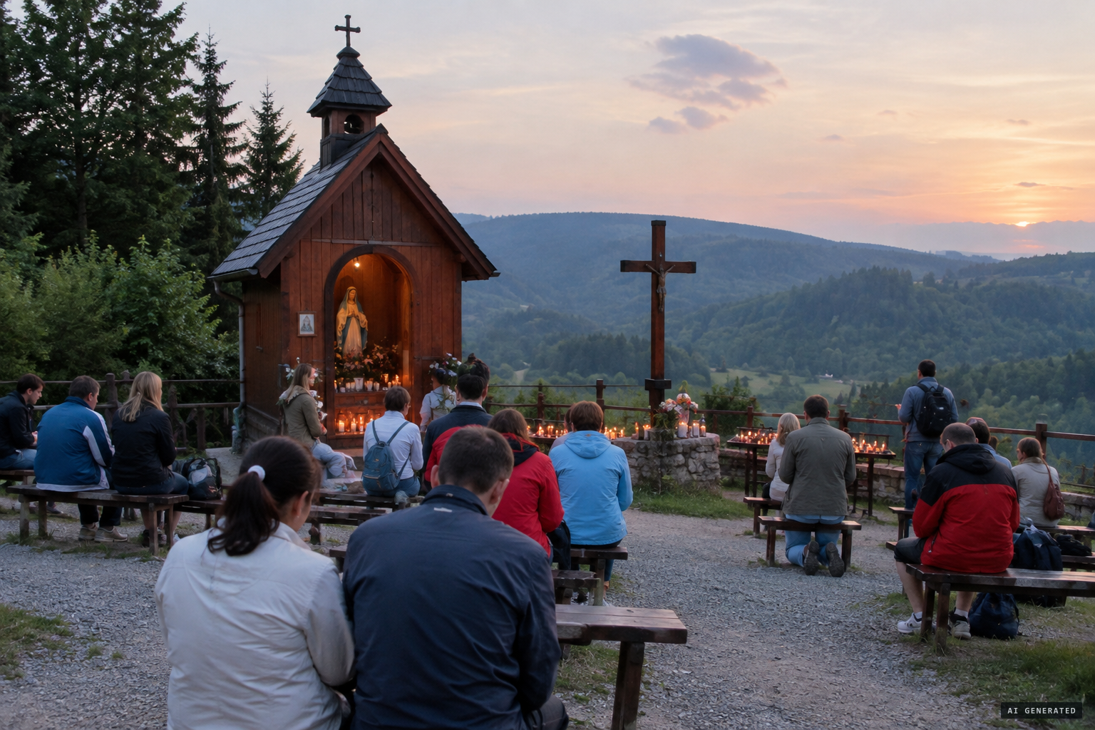 The hay hut today, the Chapel of the Apparition, with pilgrims
