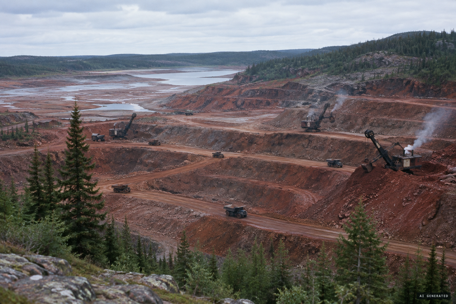The drained bed of Steep Rock Lake, worked for iron ore in open pits