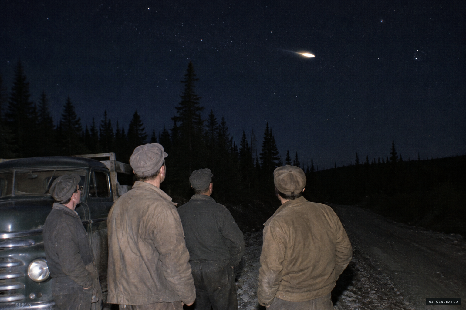 Mine workers at Steep Rock watching a saucer cross the night sky