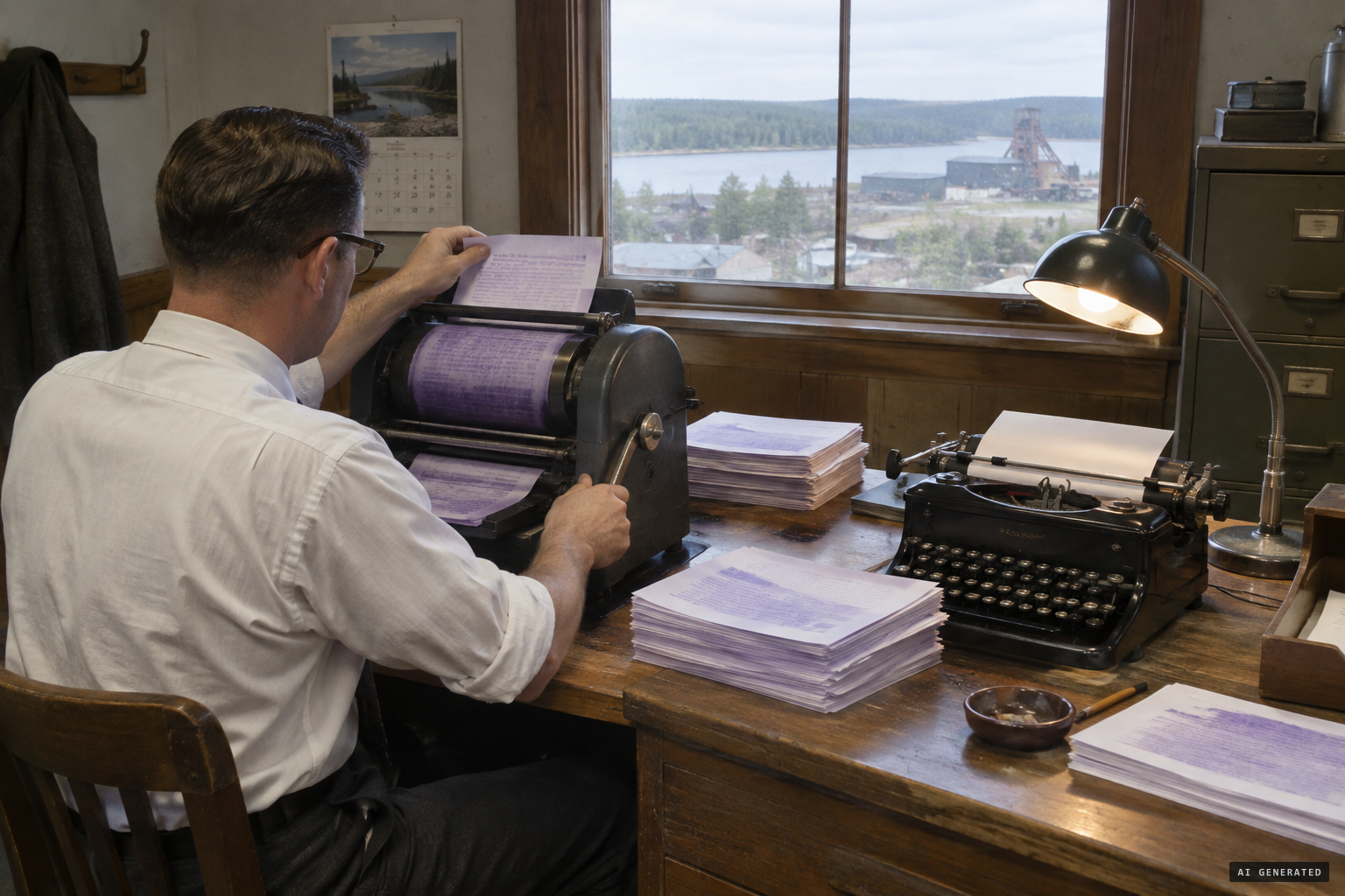 The mine's mimeographed newsletter, the Steep Rock Echo, being printed