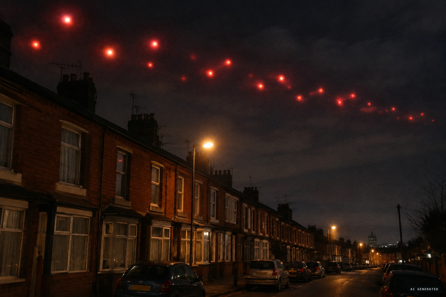 A large fleet of glowing red spheres over Liverpool, heading east