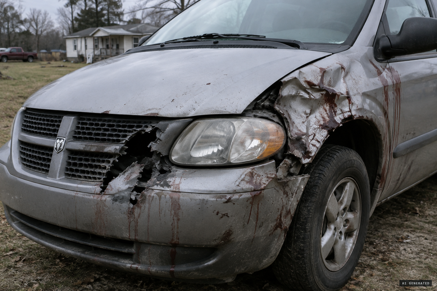 The van's chewed grille and fender, metal bent like paper