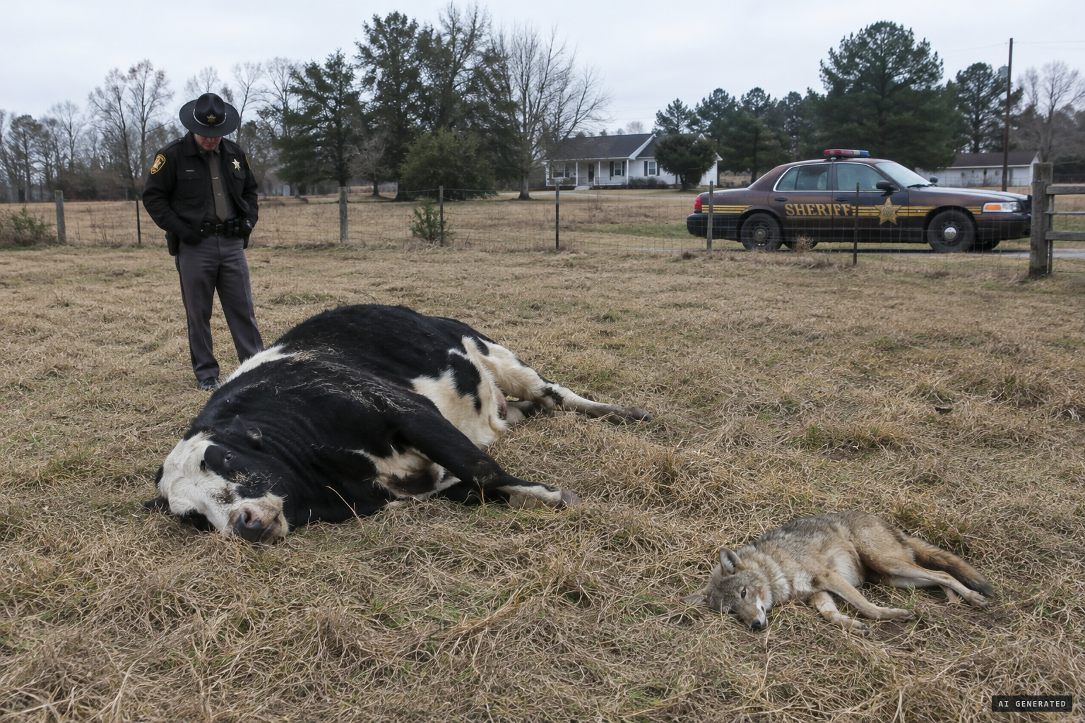 A dead cow and coyote found yards away in the adjoining field