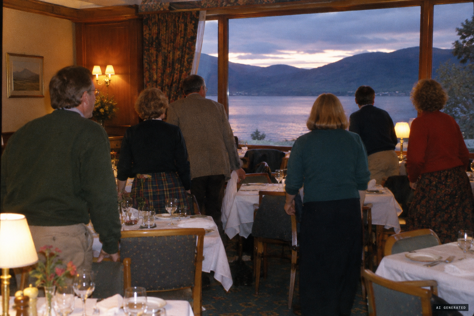 Dinner guests rush to the dining room's picture window
