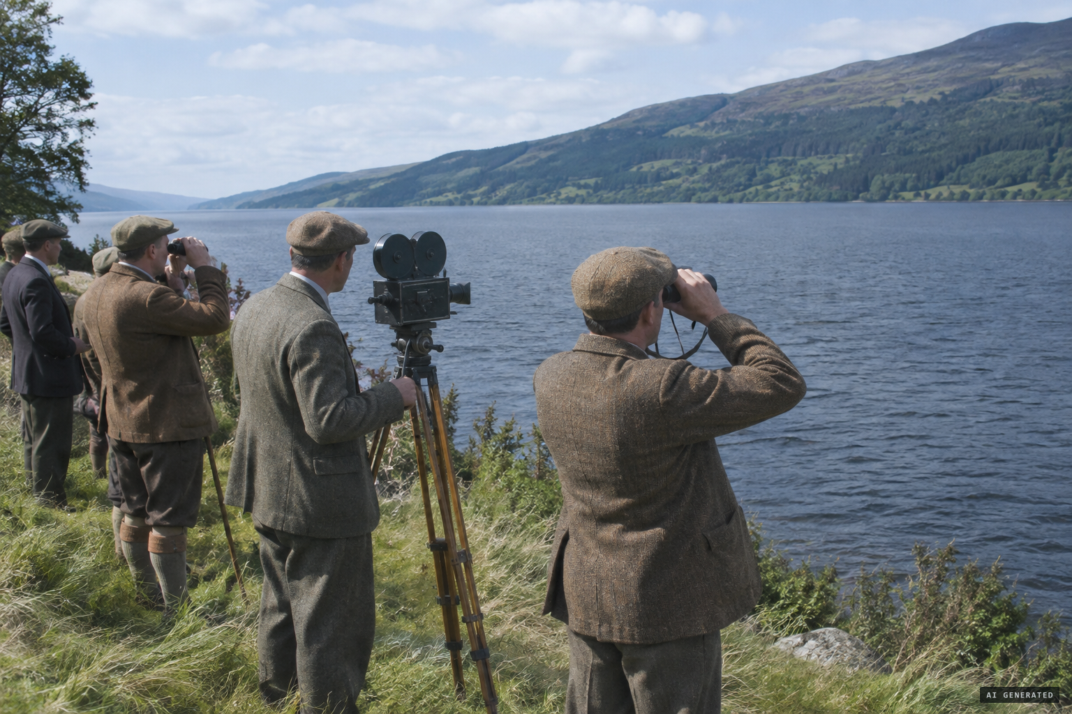Sir Edward Mountain's watchers scan Loch Ness with binoculars and Kodak cameras.