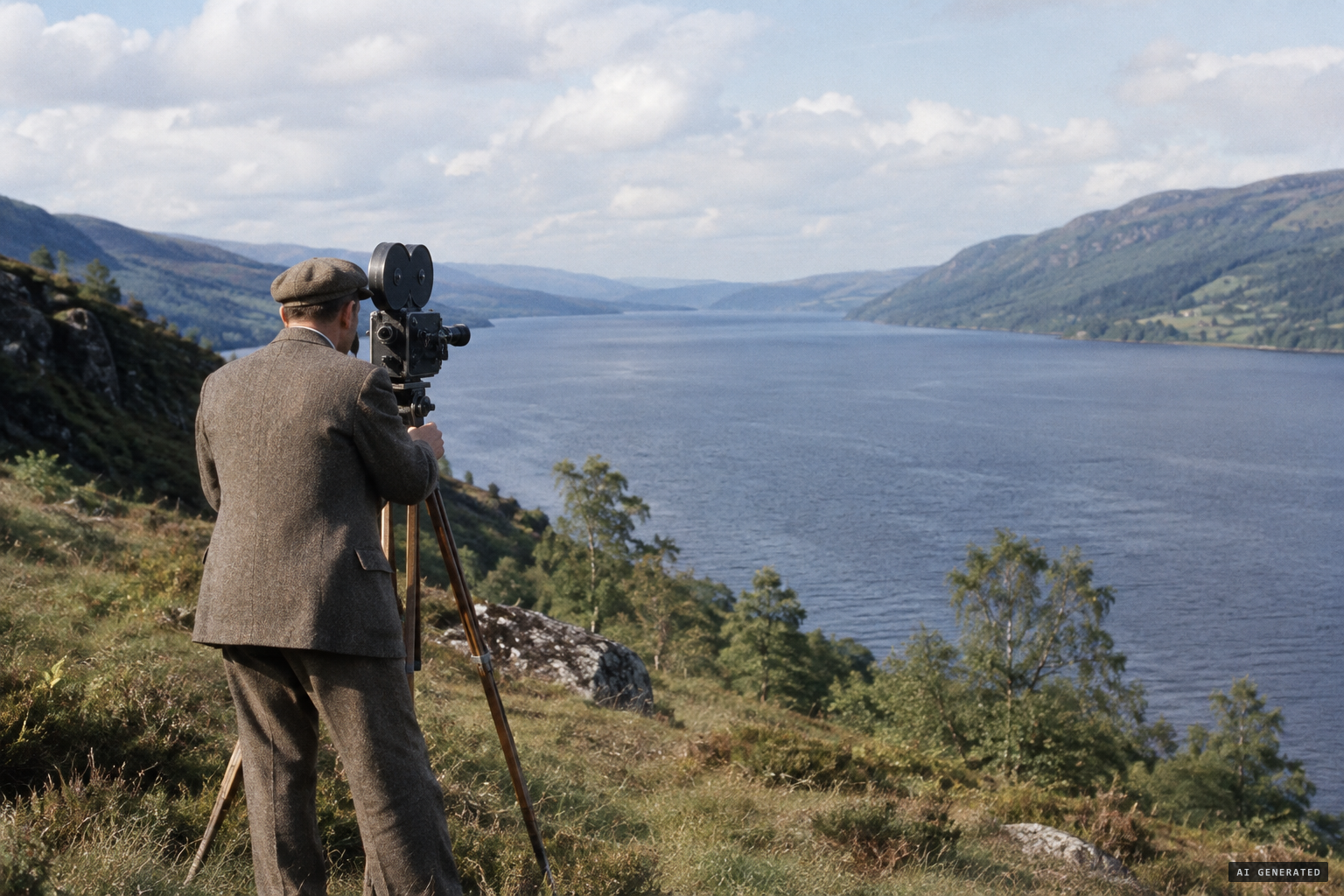 Captain James Fraser stays by the loch after the watch ends, still filming.