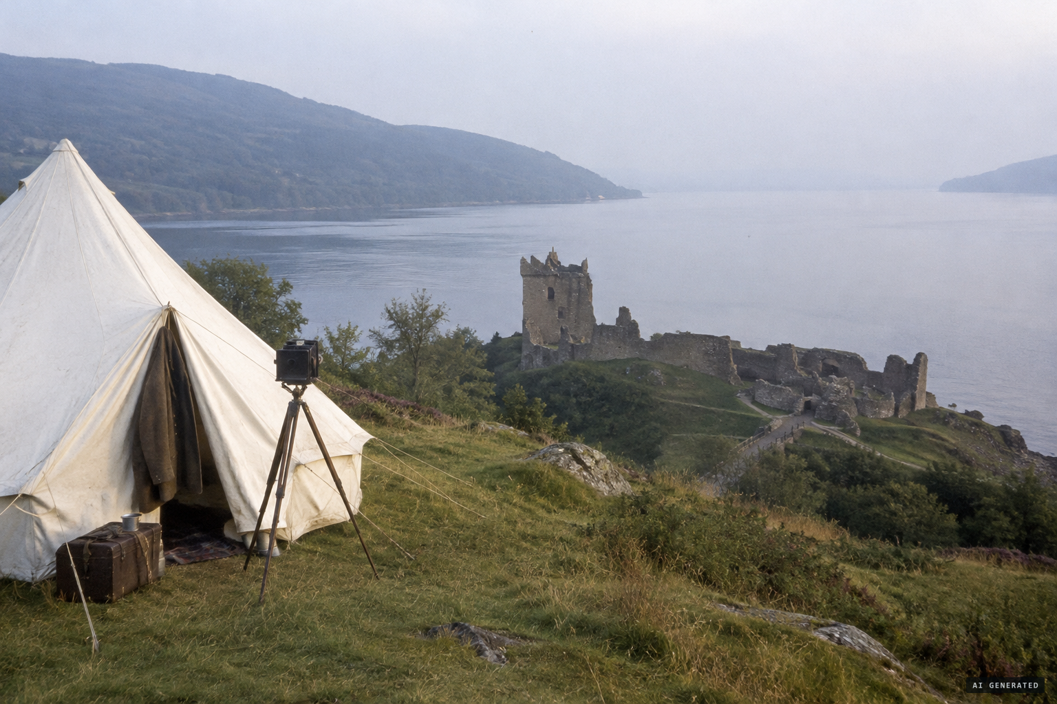 Fraser's bell tent on the hill above Urquhart Castle, early on a hazy morning.