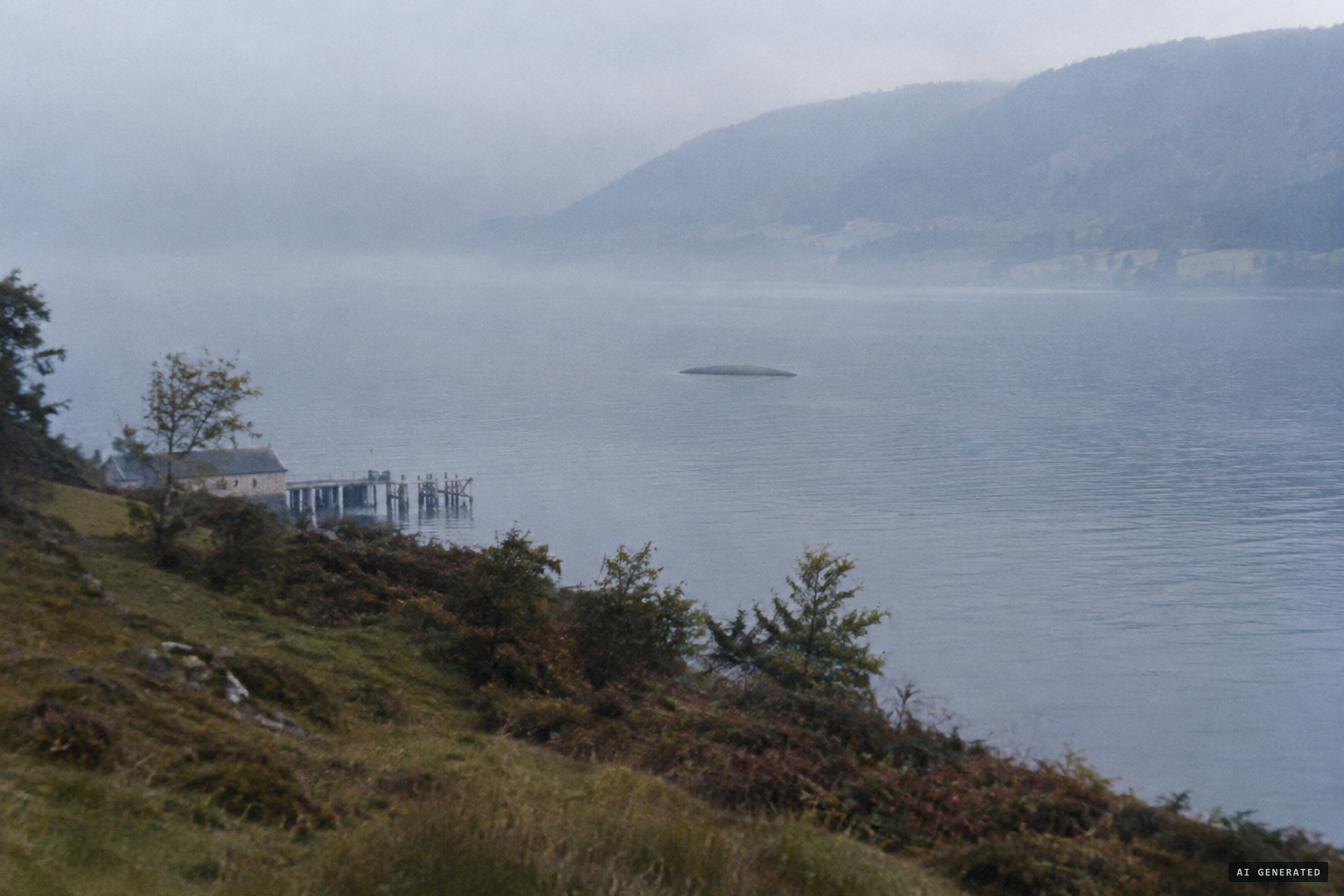 A long dark object on the water, first taken for a boat, about half a mile east of Temple Pier.