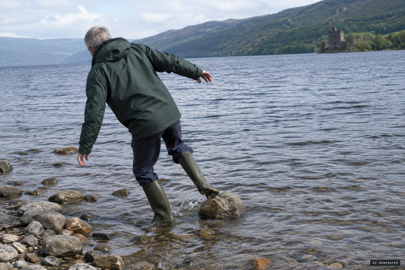 Gerald McSorley trips over the stone in the shallow water