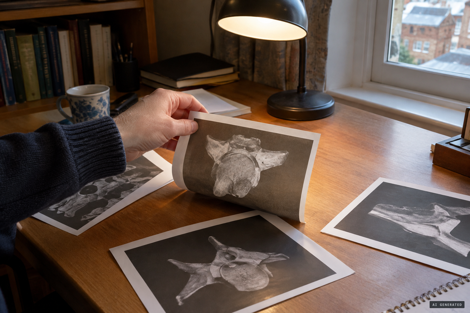 Studying the press photographs of the heavily water-worn vertebrae