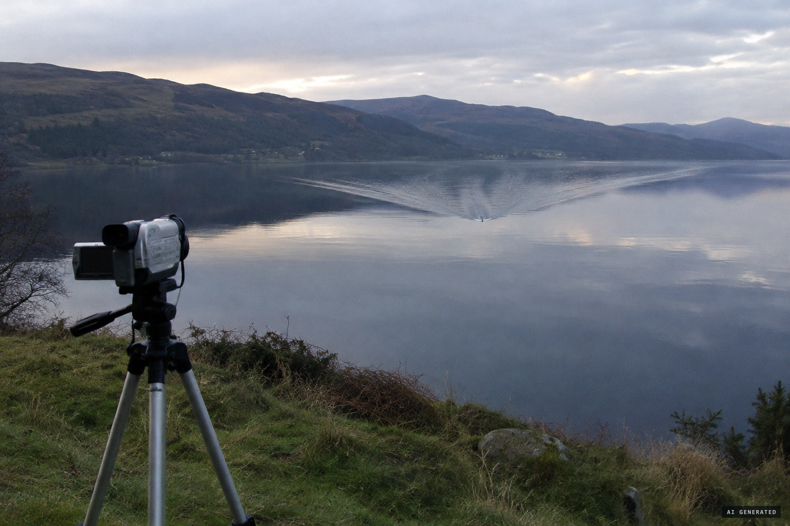A camera on land records a large V-shaped wake on flat water